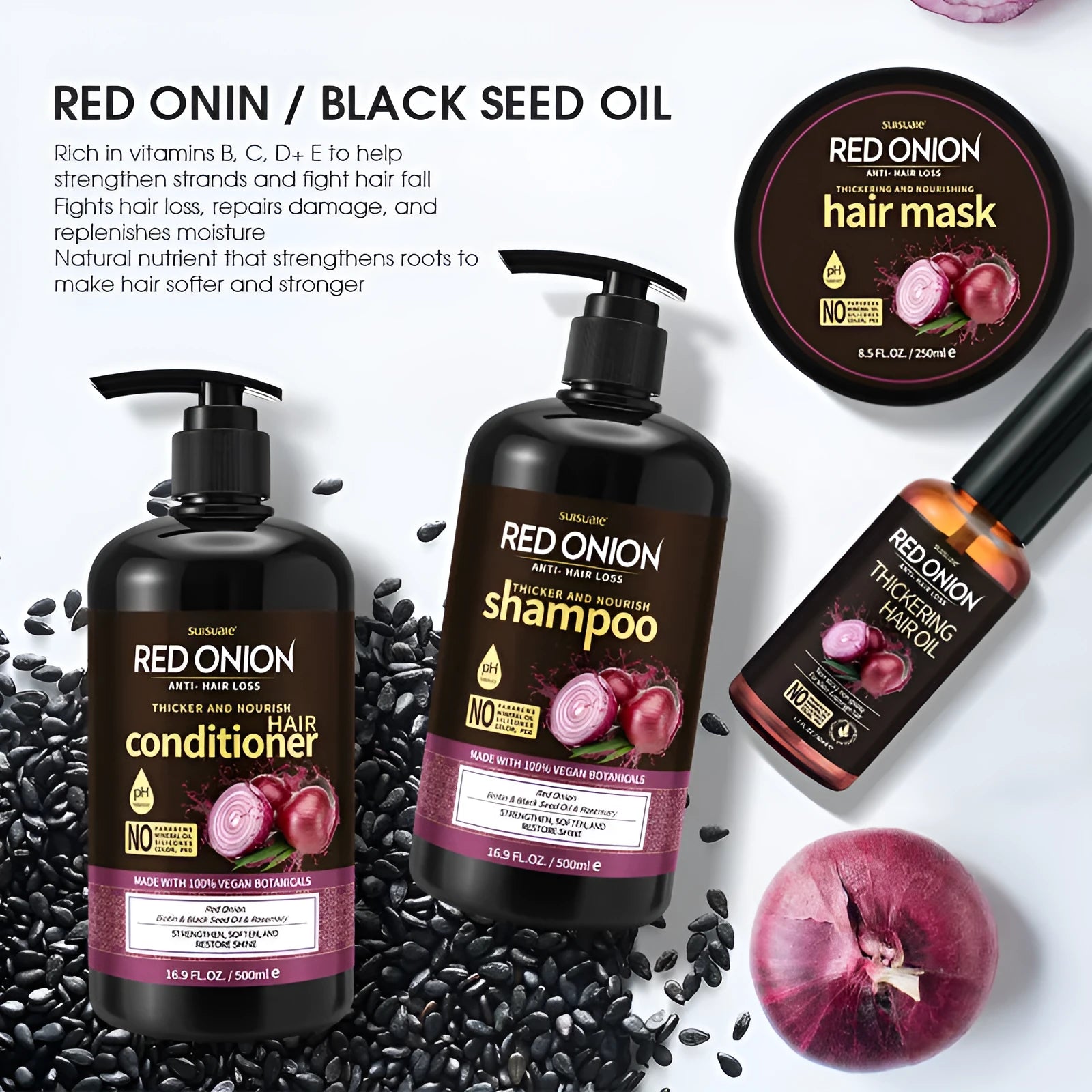 Red Onion Shampoo and Conditioner 4-piece hair care kit with shampoo, conditioner, mask and essential oil.