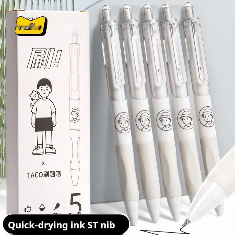Five white plastic ballpoint pens with 0.5mm black ink refills and press mechanism