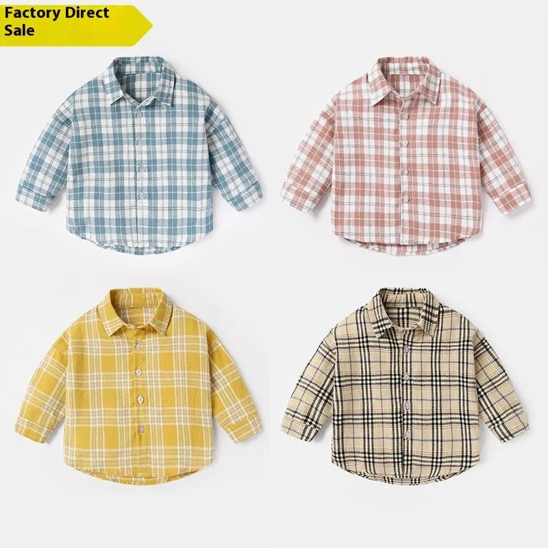 Boys' cotton lattice pattern shirt in khaki, light blue, pink or yellow with animal cartoon prints