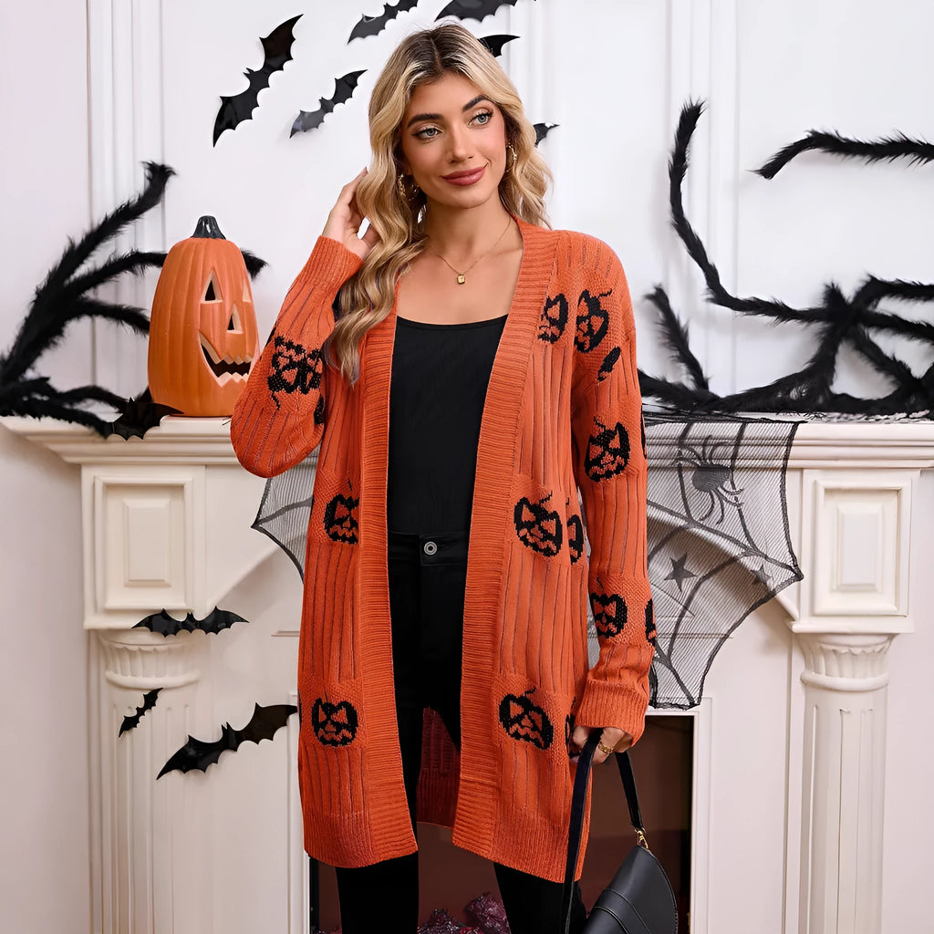 Women's black Halloween cardigan with orange pumpkin head jacquard pattern, medium length straight cut
