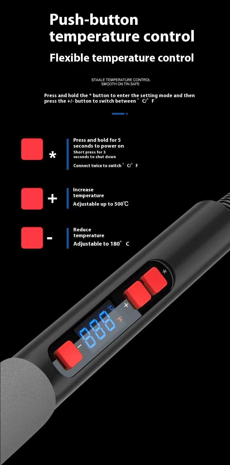 Grey electric soldering iron with ceramic heating core and five soldering tips for household electronics repairs