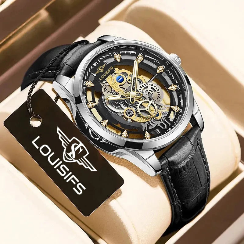Men's Swiss quartz watch with hollow case design in business style showing three colour options