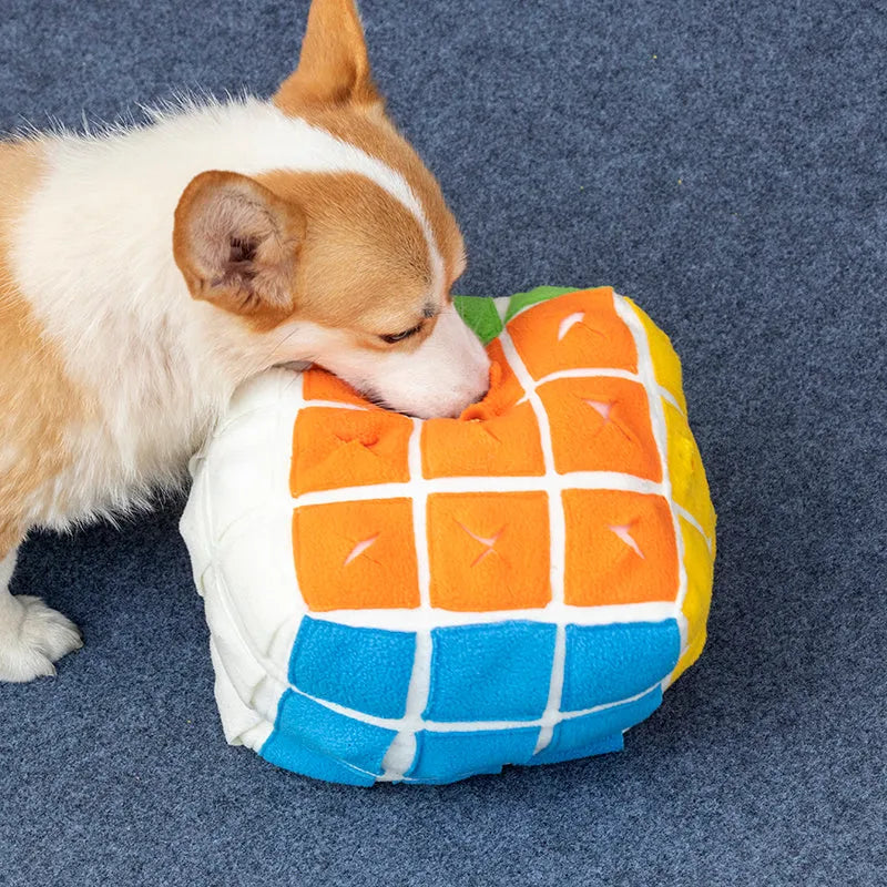 Pet Rubik's Cube sniffing toy made from polar fleece fabric, showing cube with treat compartments, for dogs and cats.