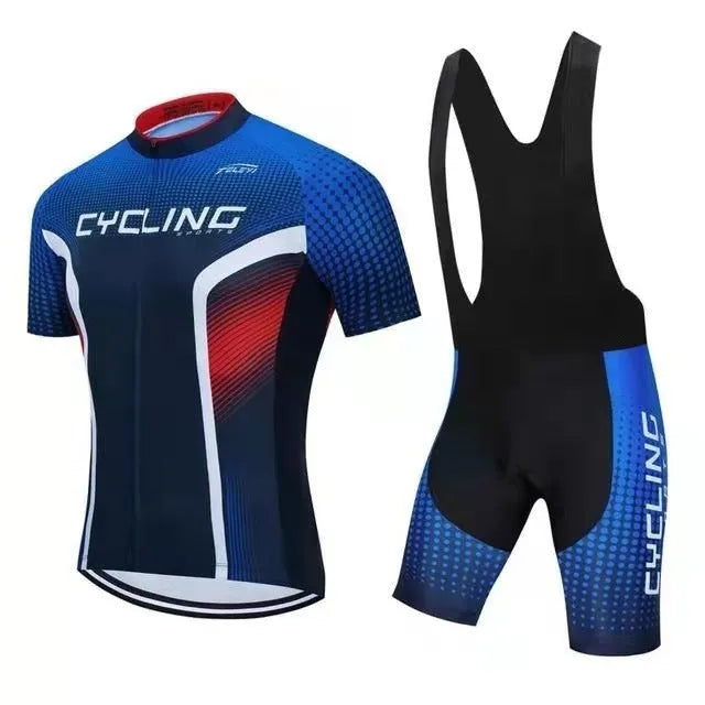 Cycling jersey and pants set in a moisture-absorbing fabric for summer bike riding.