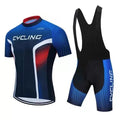 Cycling jersey and pants set in a moisture-absorbing fabric for summer bike riding.