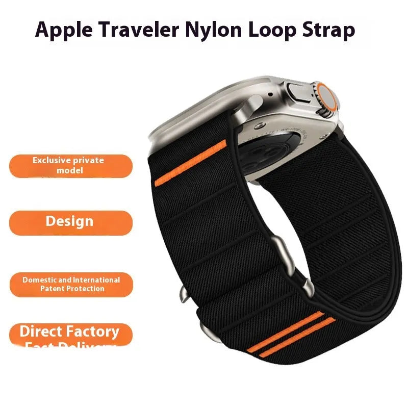 Elastic nylon watchband with stainless steel buckle for Apple Watch in various colours including black, ruby, and army green.