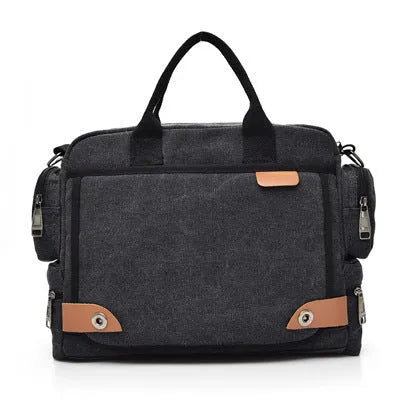 Multi-compartment canvas men's shoulder bag in khaki with horizontal square shape and zip top