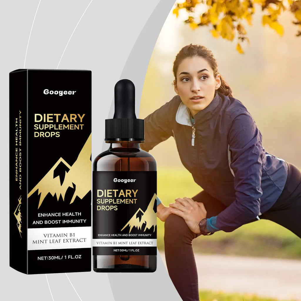 Glass dropper bottle containing amber liquid dietary supplement drops for amino acids and vitamin B12.