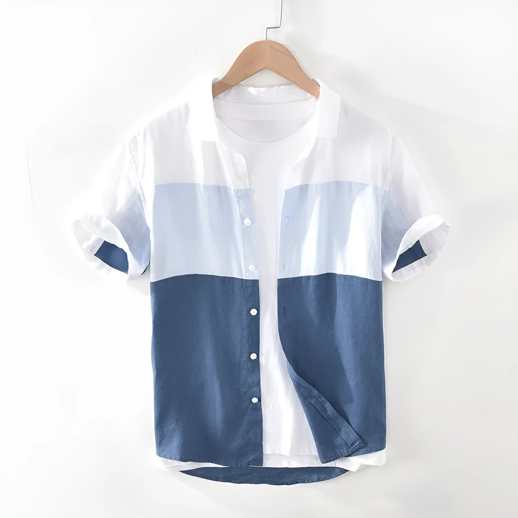 Men's white linen patchwork short sleeve shirt with square collar and loose cardigan-style fit, sizes M to 3XL.