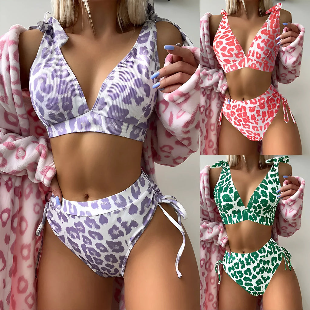 Women's purple leopard print lace-up chest cover high waist suit with sleeveless top and matching shorts