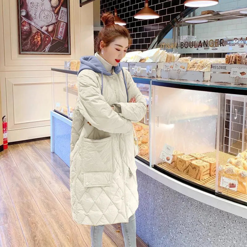 Women's over-the-knee rhombus plaid hooded jacket, loose fit, flight sleeves, Ginger Yellow colour