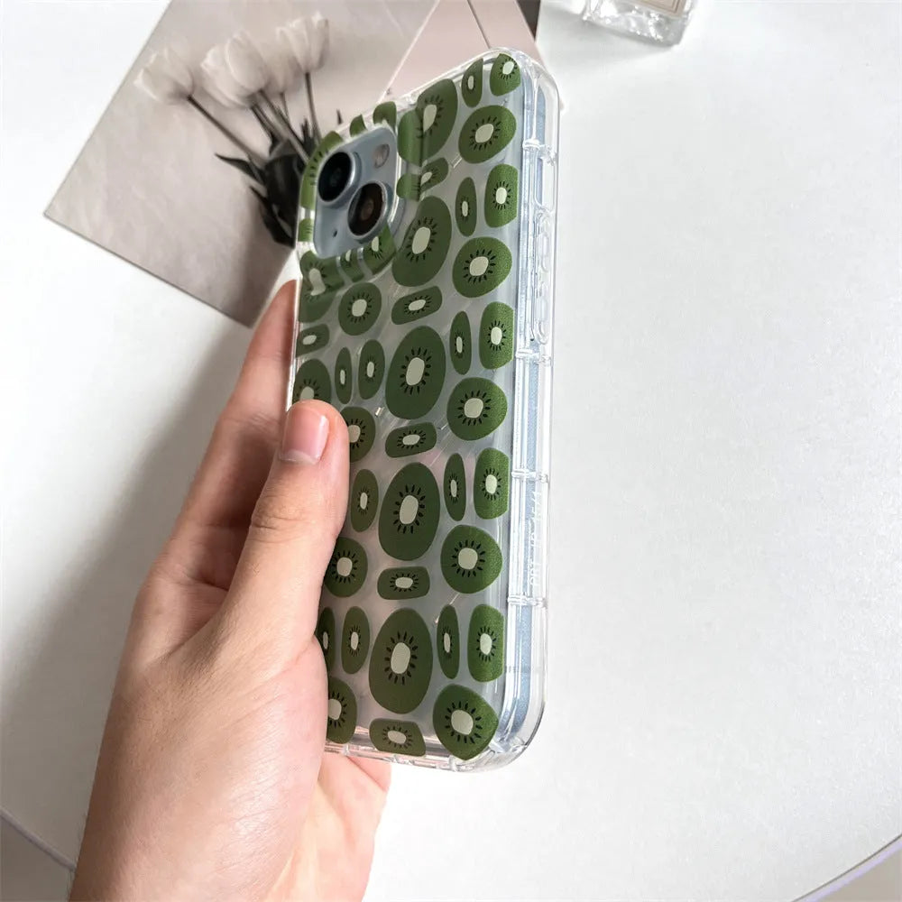 Transparent sliced kiwi fruit phone case for iPhone 11 to 16 series, TPU all-inclusive cover.