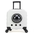 Hard-sided pink PVC pet trolley case with wheels and a luggage compartment.