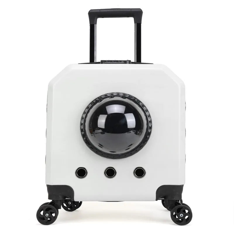 Hard-sided pink PVC pet trolley case with wheels and a luggage compartment.