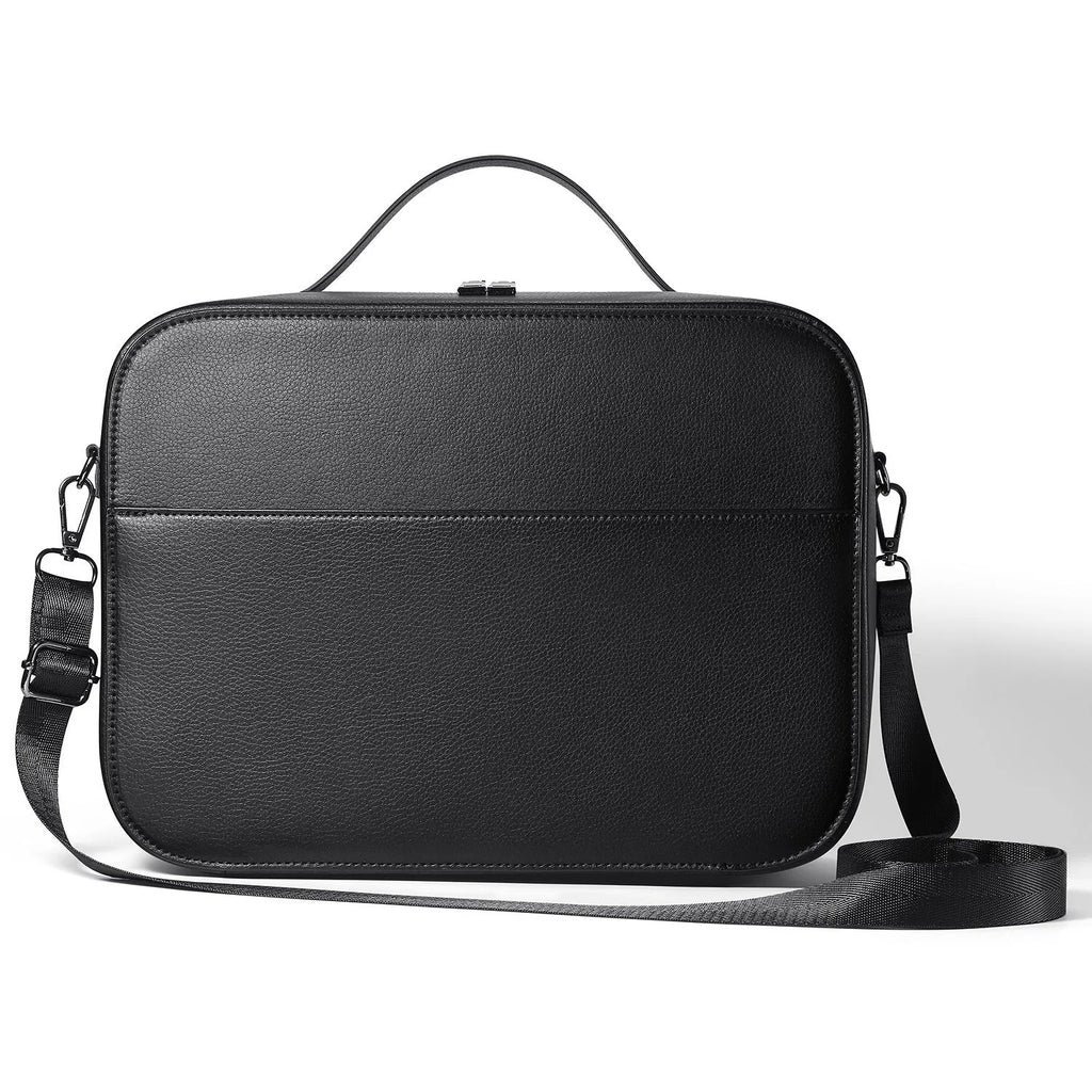 Black superfiber MR glasses storage case showing its size next to a ruler.