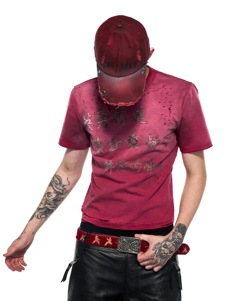 Red men's slim-fit t-shirt with distressed finish and short sleeves for summer casual wear