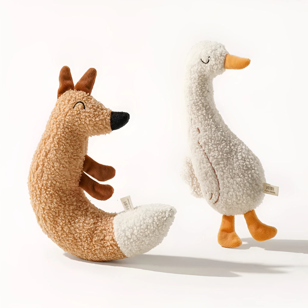 Cartoon fox and duckling pet chew toys with teddy velvet fabric construction