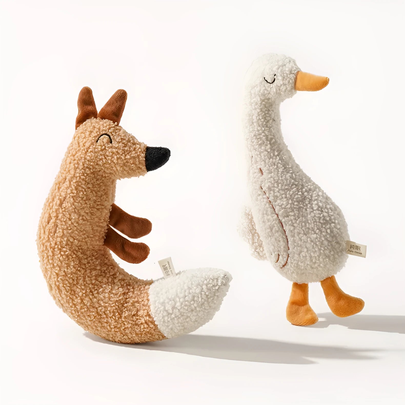 Cartoon fox and duckling pet chew toys with teddy velvet fabric construction