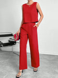 Red round neck sleeveless top and wide leg pants two-piece set