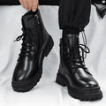 Men's black mid-top leather-style boots with a flat design and rubber sole.