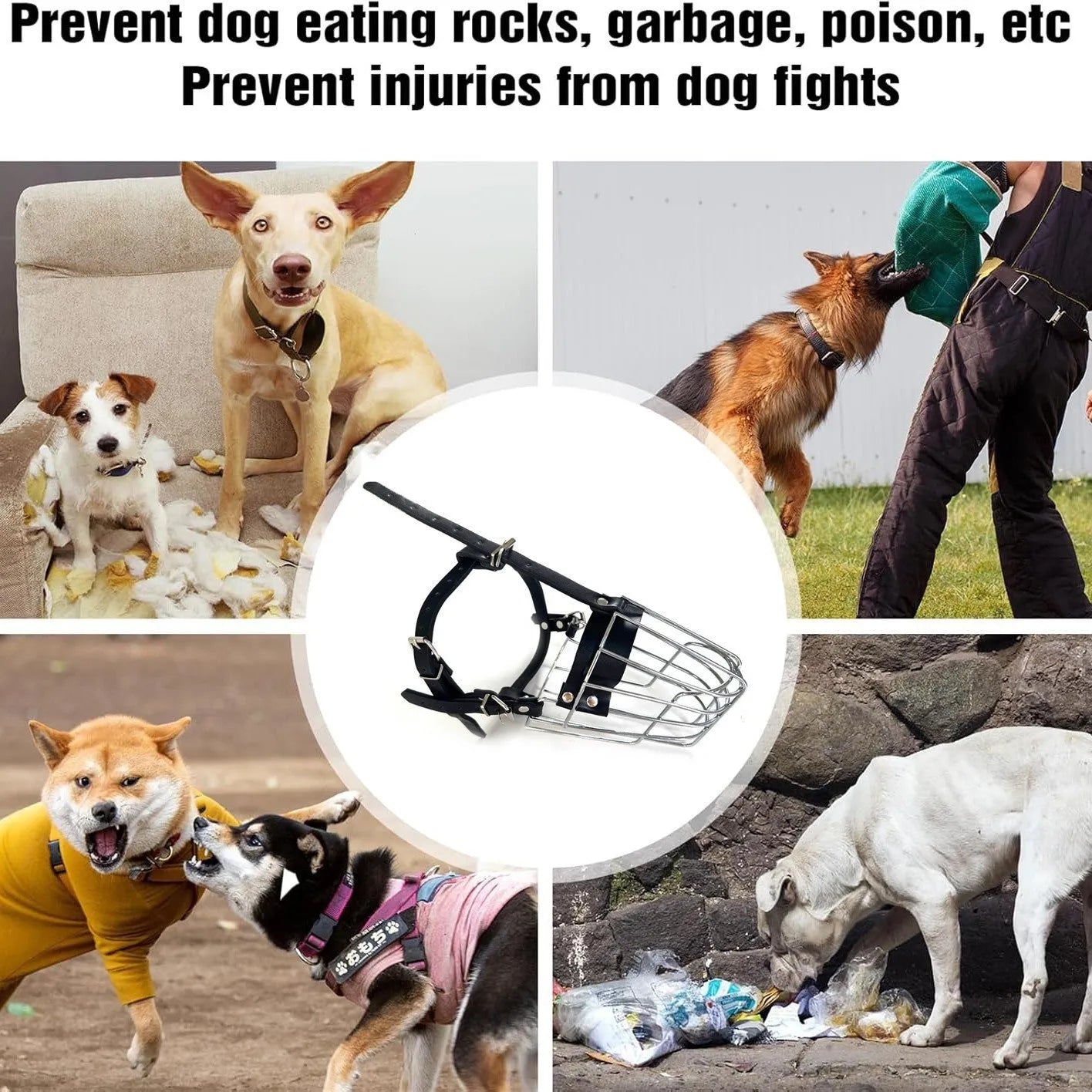 Black metal dog muzzle designed for Golden Retriever and German Shepherd breeds with adjustable straps.