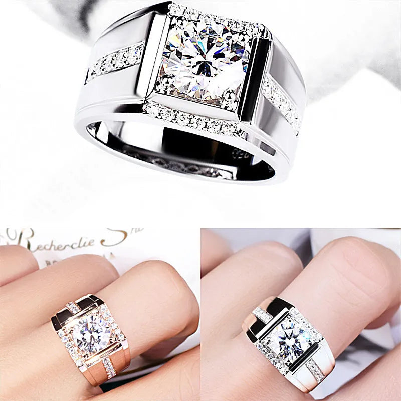 Men's adjustable copper imitation moissanite ring in rose gold, gold, or platinum colour.