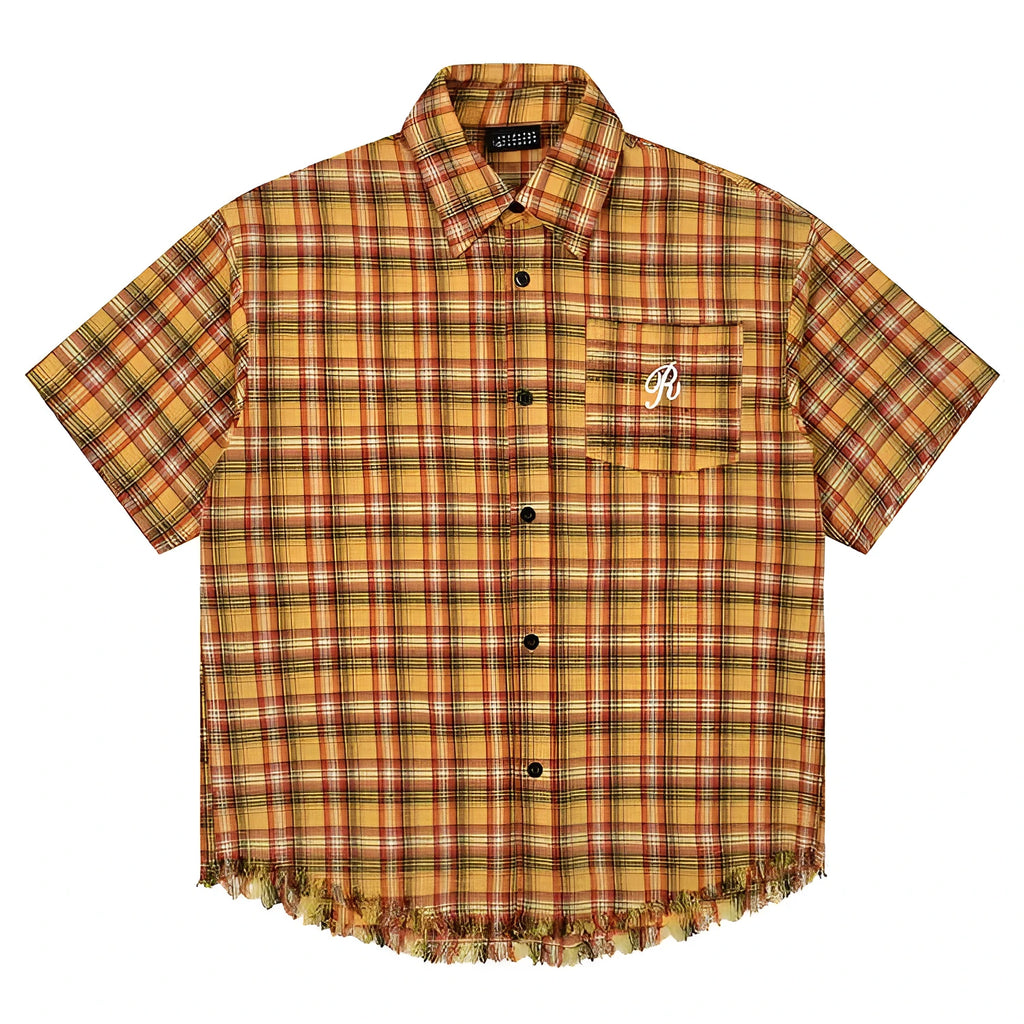 Yellow and white plaid short sleeve shirt with embroidery detail on chest pocket.