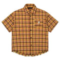 Yellow and white plaid short sleeve shirt with embroidery detail on chest pocket.