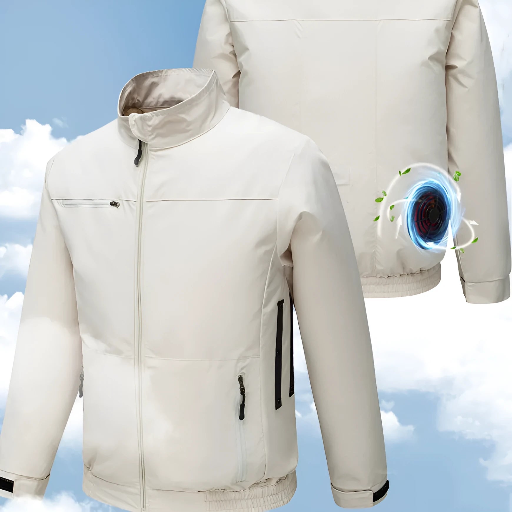 Smart cooling outdoor work jacket with integrated fan system in black or white with ventilation holes