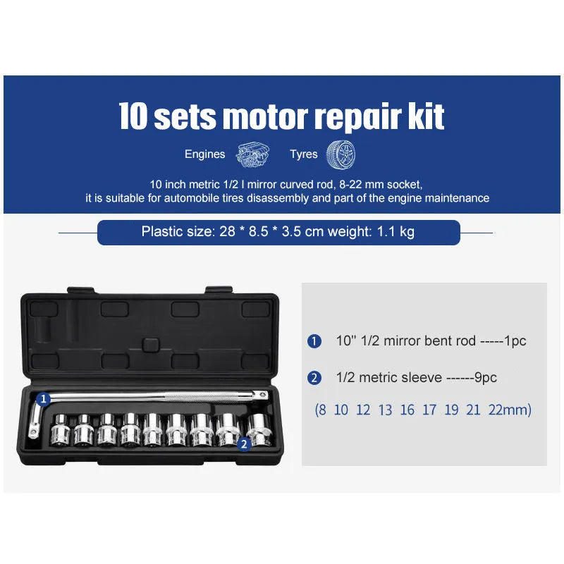 Cr-V chromium vanadium steel socket ratchet wrench set with multiple sockets in a case.