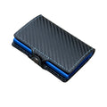 Zipper RFID card holder in carbon fibre with plaid finish, black leather with blue stitching, showing card slots and secret compartment