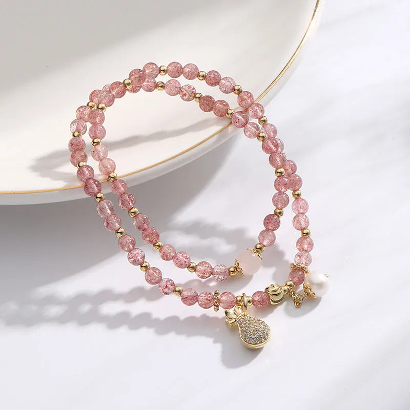 Strawberry quartz crystal bracelet with geometric beads and silver-plated components for women
