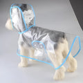 Blue plastic pet raincoat for small dog displayed on white background