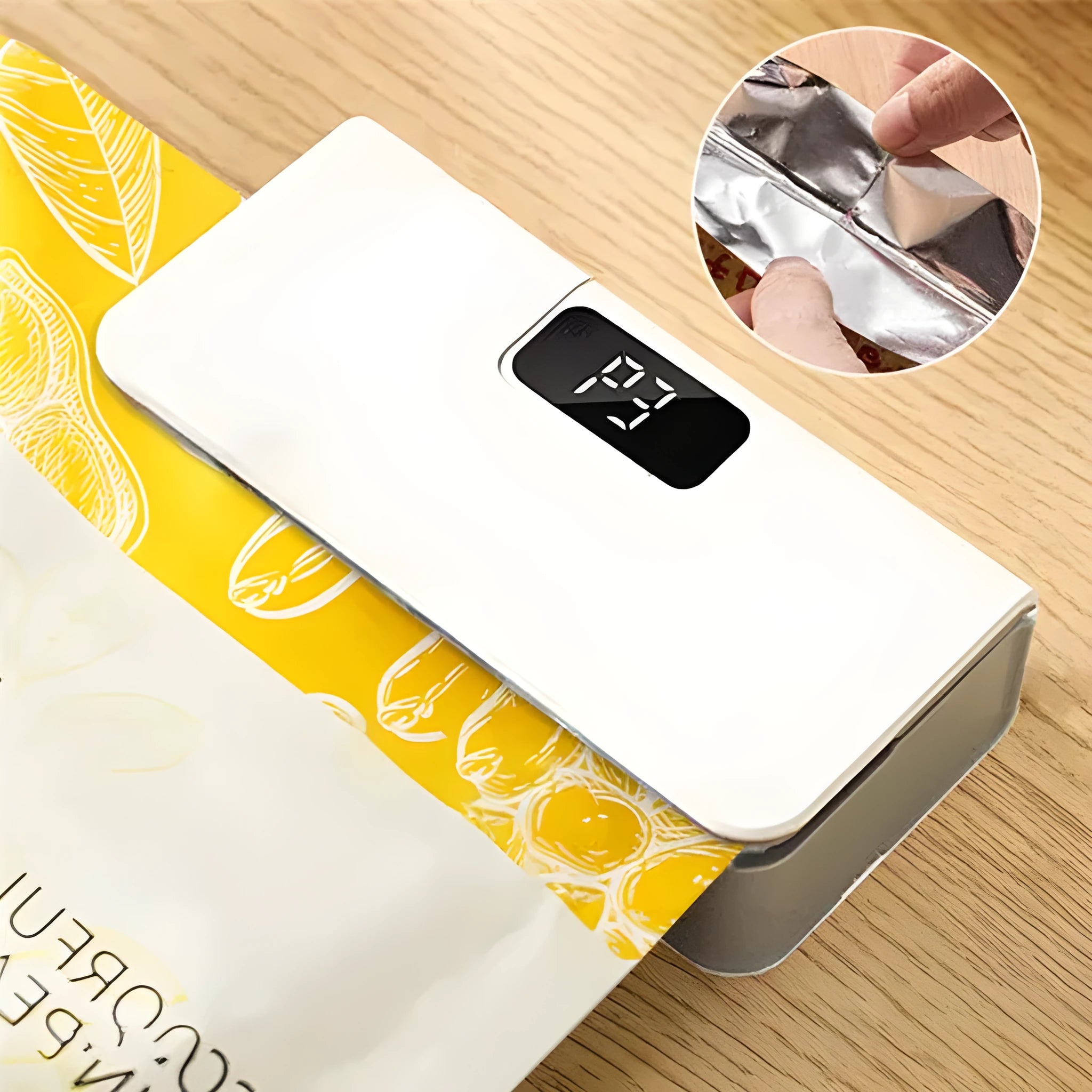White portable mini heat sealing machine for plastic food bags measuring 4x3.5x14.4cm