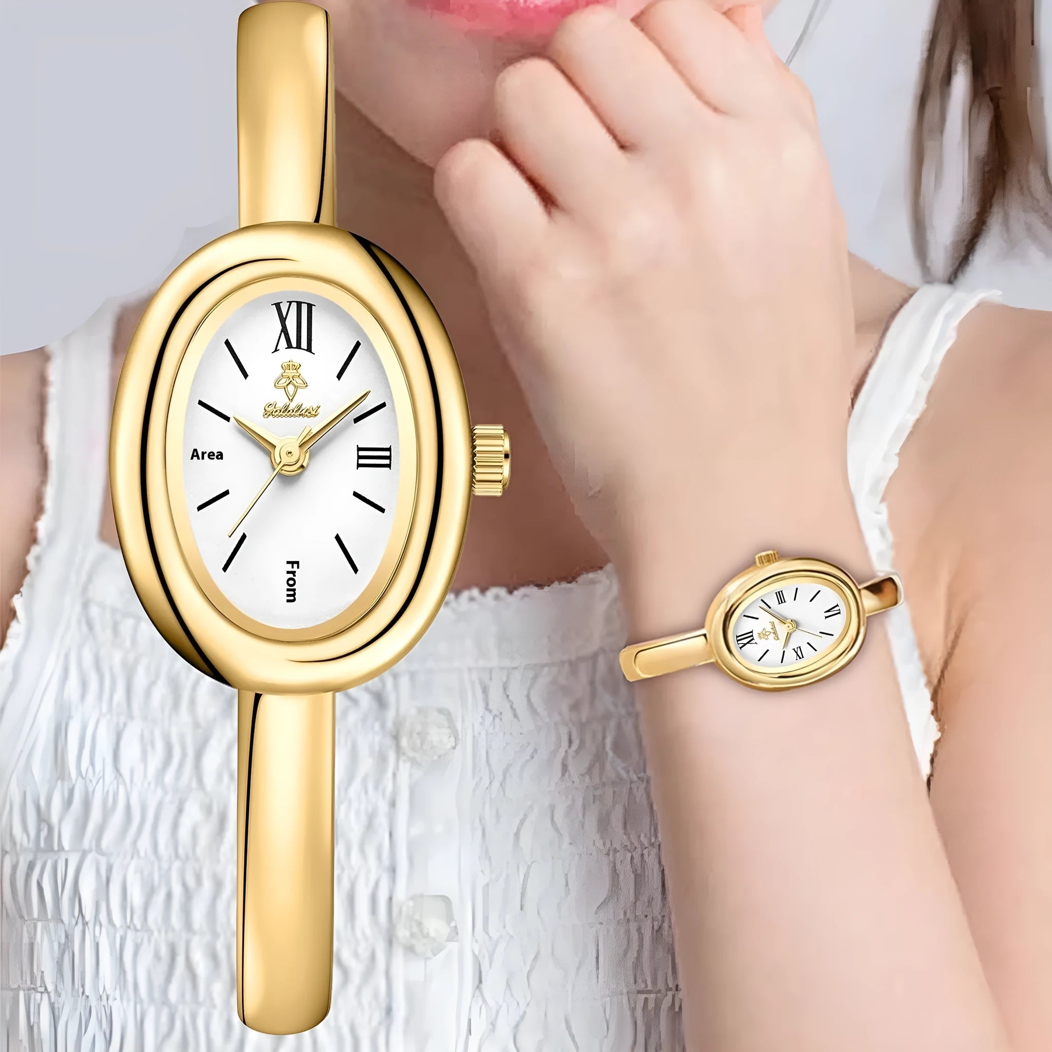 Women's retro oval quartz watch in gold colour with spiral pattern design on wrist