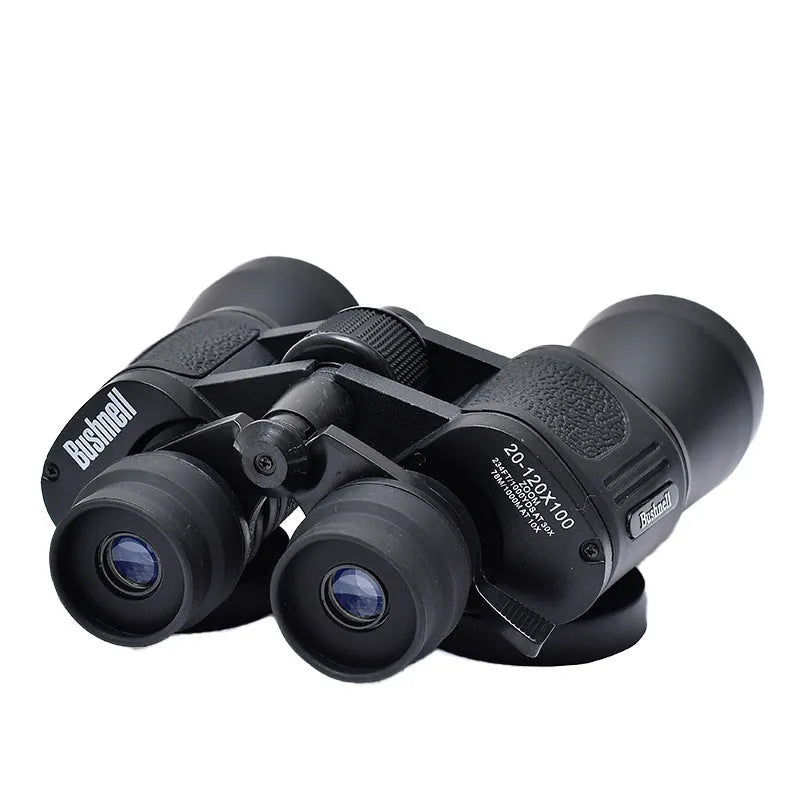 Black outdoor zoom binoculars with large 100mm objective lenses, shown adjusted to high magnification.
