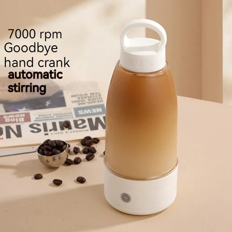 Automatic electric shaker bottle with USB port, handle, and blending motor in green, pink, or white colour.