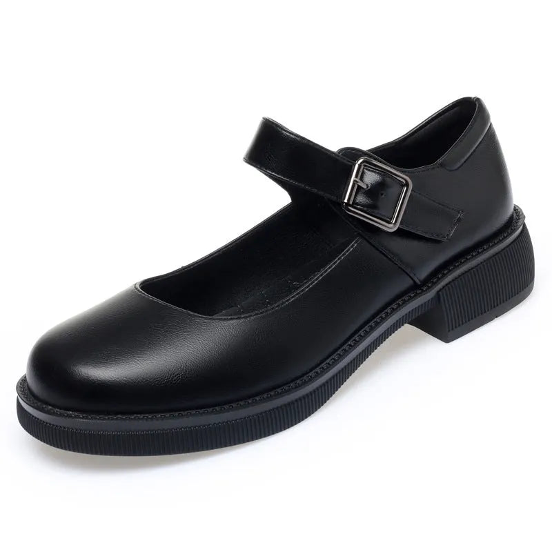 Black round toe leather pumps with buckle strap, mid-heel 3.5cm, cow split leather upper, rubber sole, women's shoes