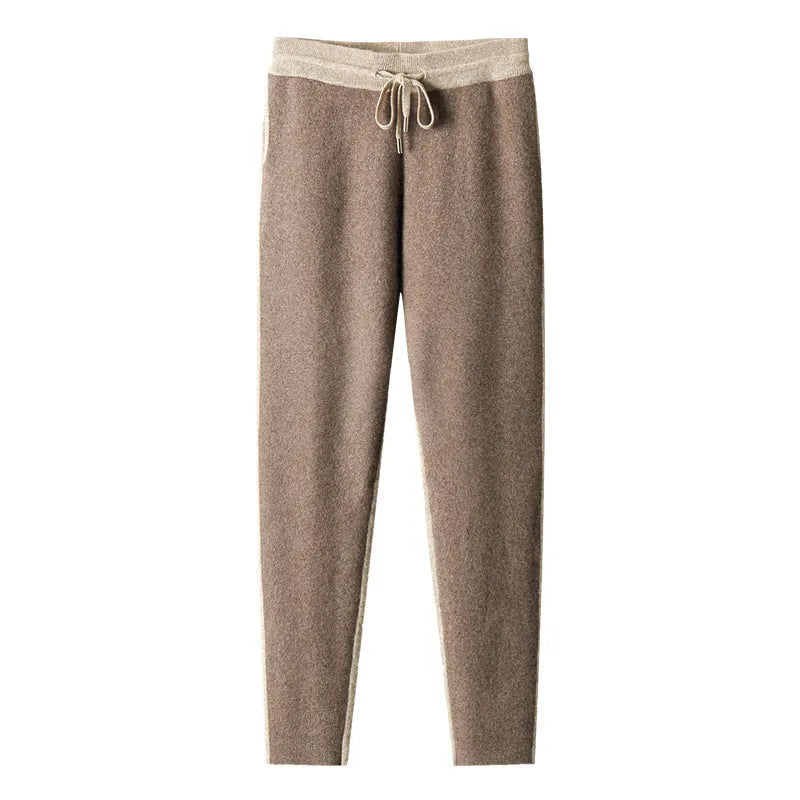 Men's camel coloured cashmere wool blend knitted cardigan suit with zip front and matching trousers.