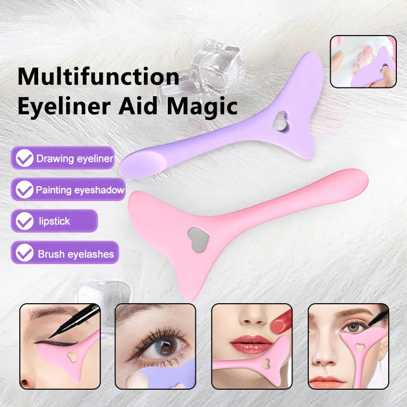 Four reusable silicone winged eyeliner stencils in pink, blue, purple, and yellow on a white background