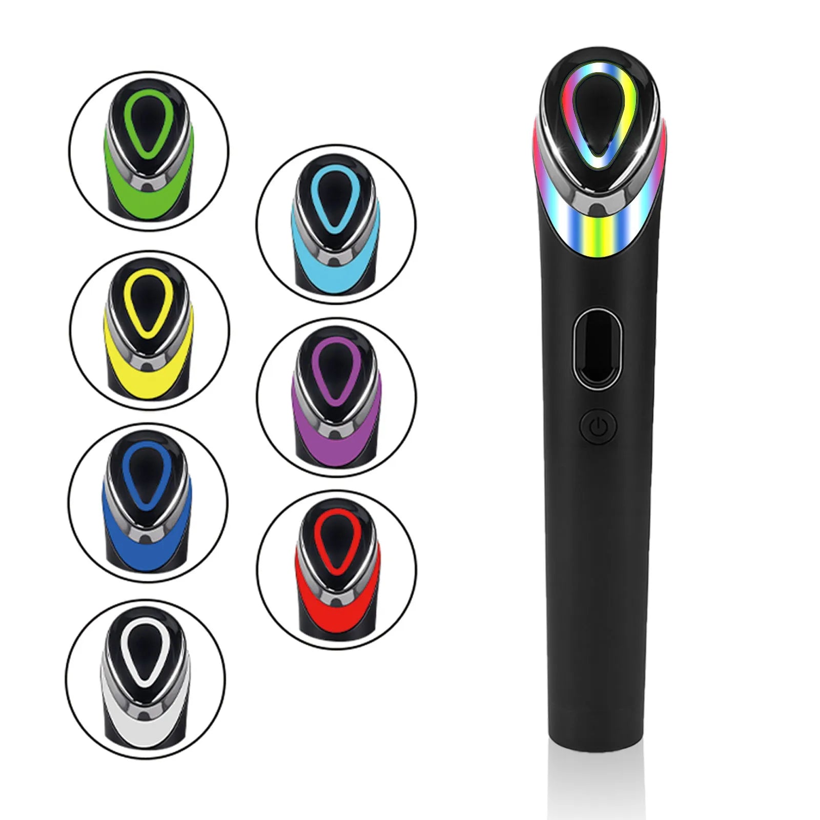 Black rechargeable eye massager with red and blue light vibration therapy for face relaxation
