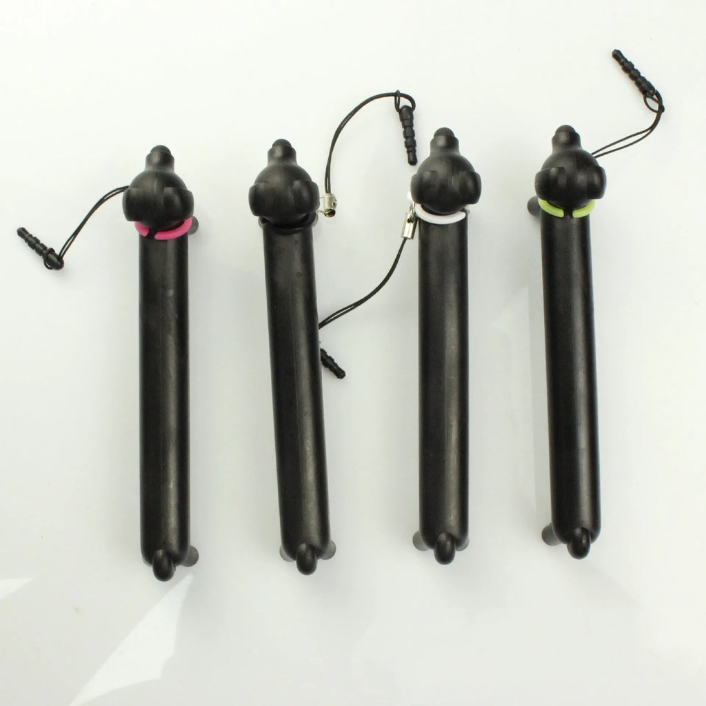 Black long puppy dog shaped touch screen stylus pen shown next to its carry socket