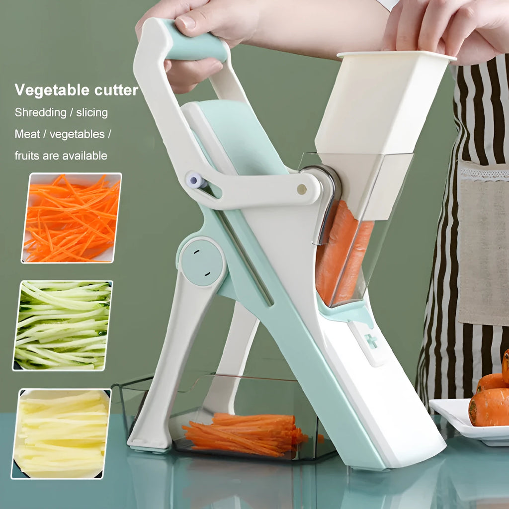 Multifunctional vegetable cutter mandoline with 30+ slicing options, 32x12x6.3cm, in orange, green or grey