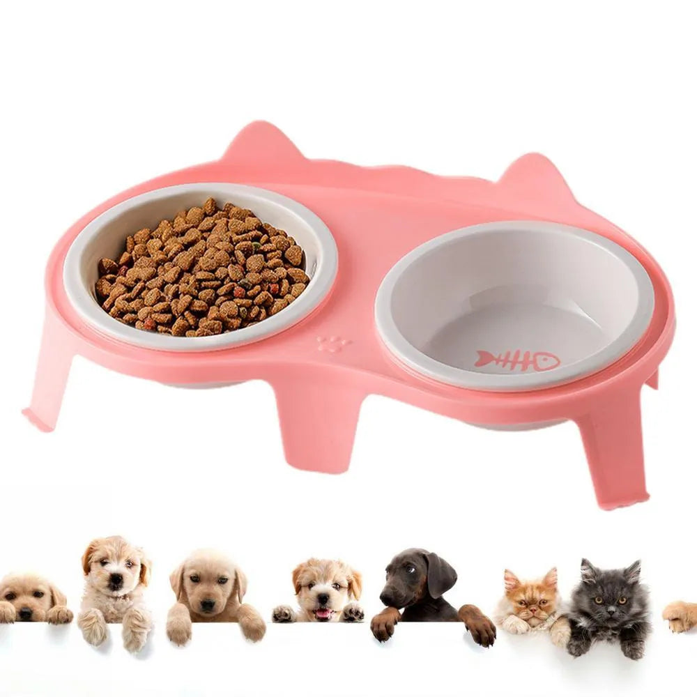 Ceramic cat bowl set with elevated tilted feeding stand in blue, pink, white, and yellow colour options