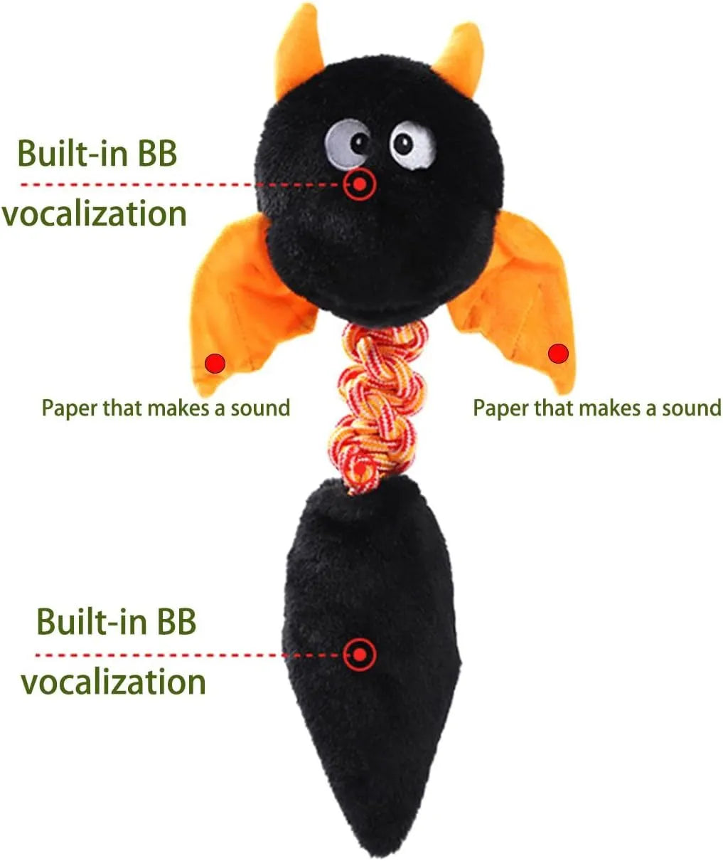 Cartoon-shaped plush dog toy with a rope knot in black, green, or red