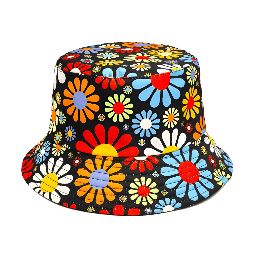 Colourful flowers pattern polyester bucket hat with dome crown in retro style