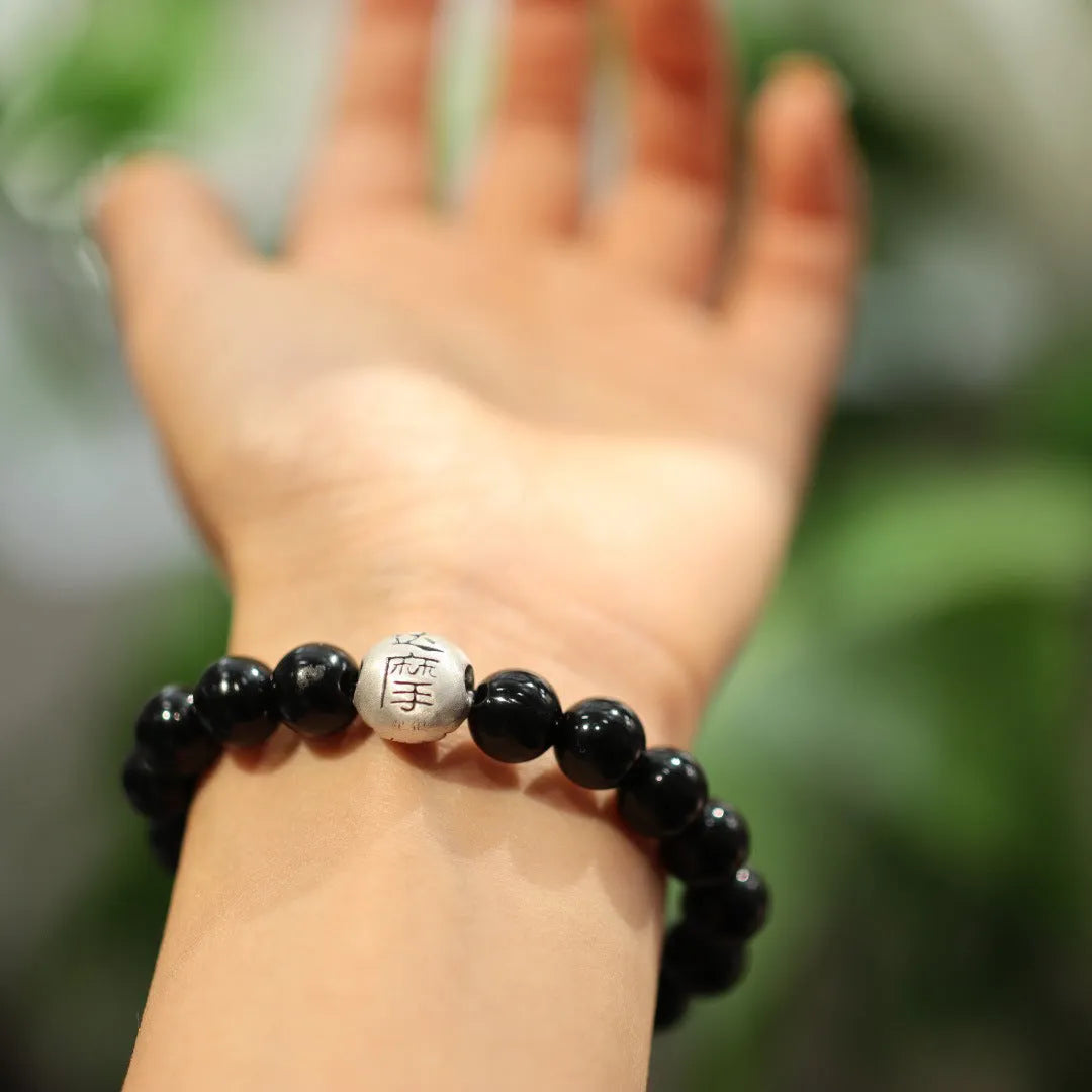 10mm black agate beads on sterling silver bracelet with Chinese style design