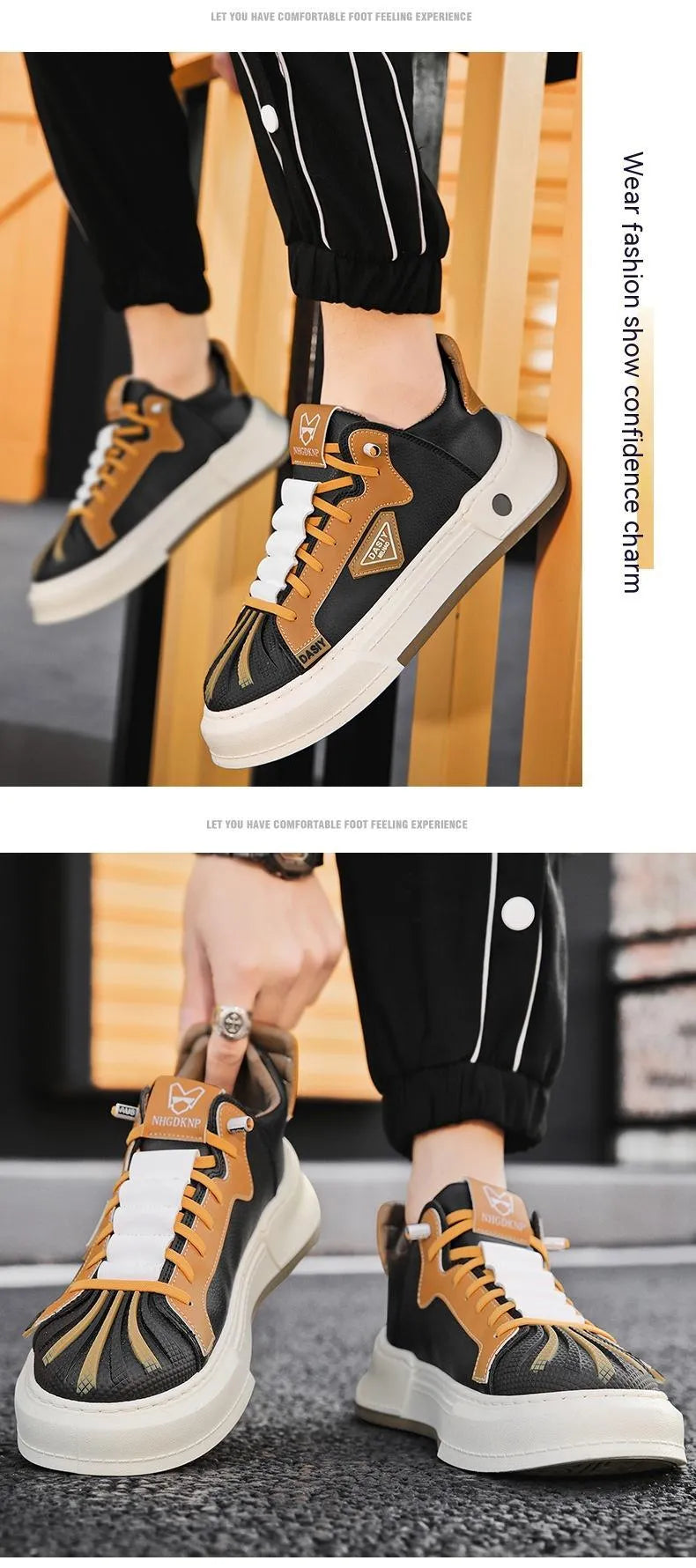 Men's beige low-top casual sneakers with elastic band and leather stitching.