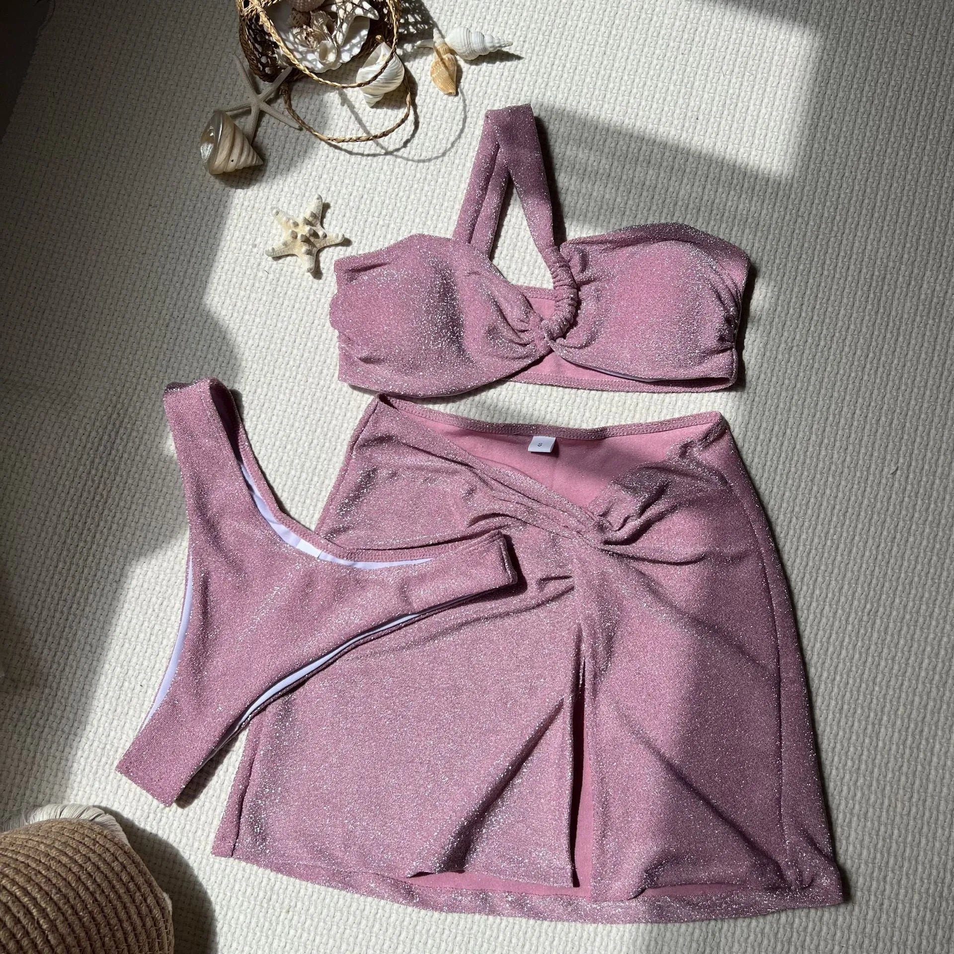 Women's one-shoulder tube top swimsuit three-piece set in glossy polyester fabric