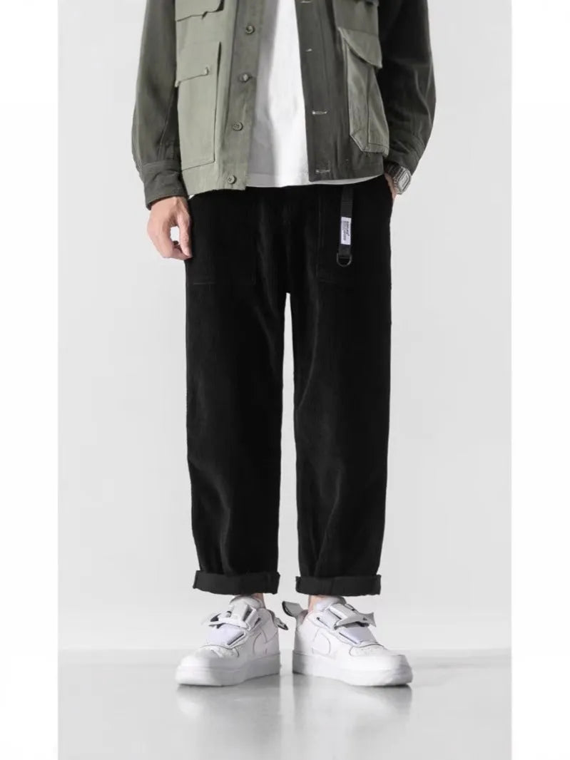 Loose straight tapered pants for men in dark gray, wide leg style, chemical fibre blend